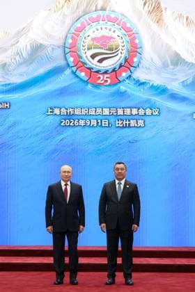 Kyrgyzstan SCO Summit 9232182 01.09.2026 Russian President Vladimir Putin is welcomed by Kyrgyz President Sadyr Japarov before a session of the Shanghai Cooperation Organization (SCO) summit in Bishkek, Kyrgyzstan. Vyacheslav Prokofiev Sputnik Bishkek Kyrgyzstan  Copyright: xVyacheslavxProkofievx