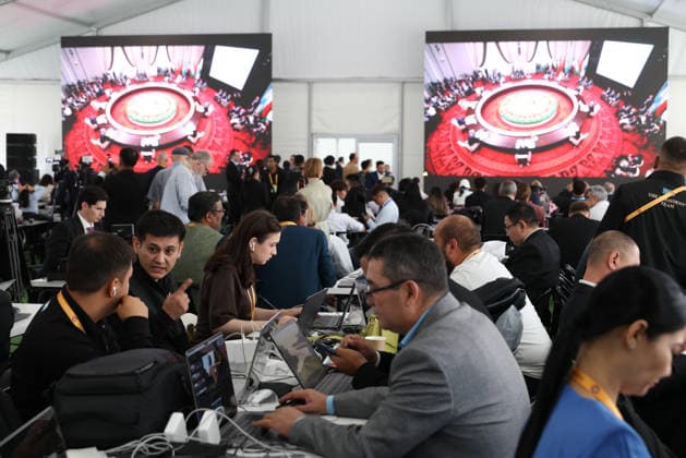 BISHKEK, KYRGYZSTAN - SEPTEMBER 01: Media reporters work at the press center during the 26th Meeting of the Council of Heads of State of the Shanghai Cooperation Organization (SCO) on September 1, 2026 in Bishkek, Kyrgyzstan. The meeting of the SCO Council of Heads of State is scheduled for September 1 in Bishkek.  Copyright: xChinaxNewsxServicex 111663426569