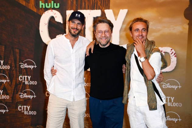 Gregor Sauter, Adrian Topol, and Constantin von Jascheroff at the premiere of the Hulu Original series *City of Blood* at Kino International in Berlin, August 31, 2026 Foto:xN.xKubelkax xFuturexImagex blood_6844