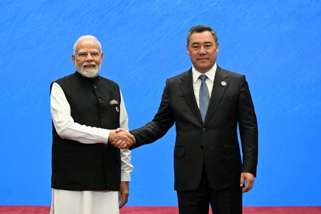 Shanghai Cooperation Organization Council of Heads of State meeting in Bishkek BISHKEK, KYRGYZSTAN - SEPTEMBER 01: (----EDITORIAL USE ONLY - MANDATORY CREDIT - KYRGYZ PRESIDENCY HANDOUT - NO MARKETING NO ADVERTISING CAMPAIGNS - DISTRIBUTED AS A SERVICE TO CLIENTS----) Kyrgyz President Sadyr Japarov meets with Indian Prime Minister Narendra Modi during the Shanghai Cooperation Organization Council of Heads of State meeting at the Yrys Ordo Congress Center, on September 01, 2026 in Bishkek, Kyrgyzstan. Japarov welcomed leaders of SCO member states and governments as the summit began in the Kyrgyz capital. Kyrgyz Presidency Handout Anadolu Bishkek Kyrgyzstan. Editorial use only. Please get in touch for any other usage.  Copyright: x2026xAnadoluxKyrgyzxPresidencyx xHandoutx