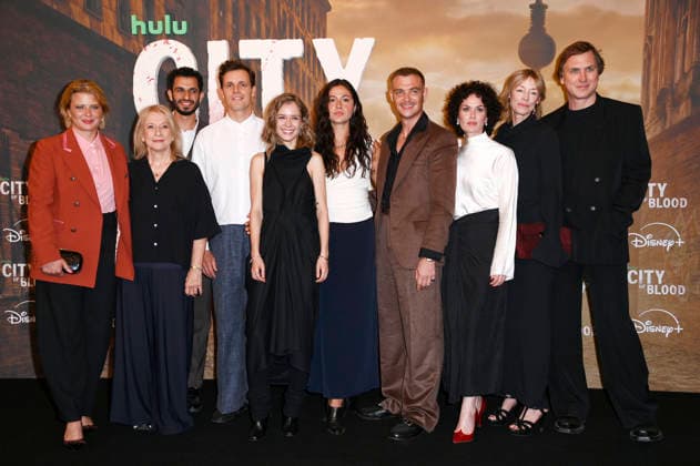 Jördis Triebel, Dagmar Manzel, Mouataz Alshaltouh, Franz Hartwig, Lea Drinda, Soma Pysall, David Schütter, Melika Foroutan, Jenny Schily, and Lars Eidinger at the premiere of the Hulu Original series *City of Blood* at Kino International in Berlin, August 31, 2026 Foto:xN.xKubelkax xFuturexImagex blood_6877