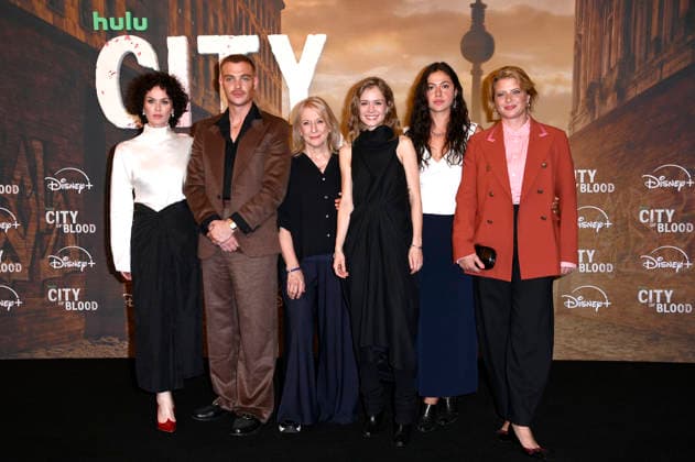 Melika Foroutan, David Schütter, Dagmar Manzel, Lea Drinda, Soma Pysall, and Jördis Triebel at the premiere of the Hulu Original series *City of Blood* at Kino International in Berlin, August 31, 2026 Foto:xN.xKubelkax xFuturexImagex blood_6879