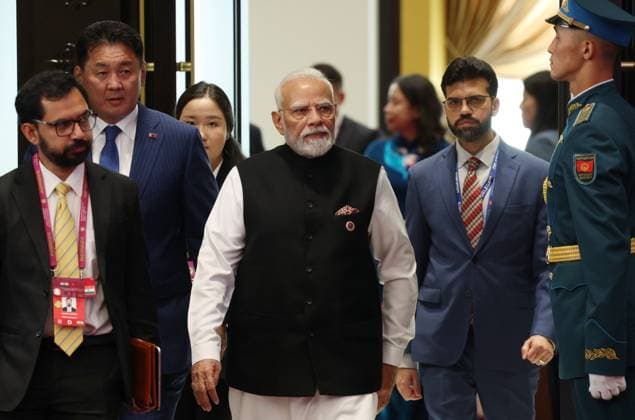 Kyrgyzstan SCO Summit 9232485 01.09.2026 Indian Prime Minister Narendra Modi walks after a meeting of the Shanghai Cooperation Organisation (SCO) Council of Heads of State in Bishkek, Kyrgyzstan. Vyacheslav Prokofiev Sputnik Bishkek Kyrgyzstan  Copyright: xVyacheslavxProkofievx