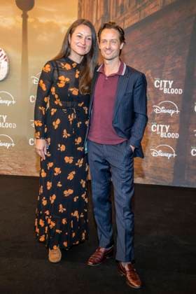 ABB CITYBLOOD: Annie Mosebach and her husband Tom Schilling attend the premiere of the German Hulu Original series *City of Blood* at Kino International on August 31, 2026, in Berlin, Germany
