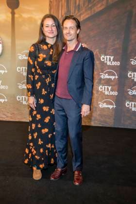ABB CITYBLOOD: Annie Mosebach and her husband Tom Schilling attend the premiere of the German Hulu Original series *City of Blood* at Kino International on August 31, 2026, in Berlin, Germany