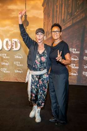 ABB CITYBLOOD: Saskia Valencia and Mo Asumang attend the premiere of the German Hulu Original series *City of Blood* at Kino International on August 31, 2026, in Berlin, Germany