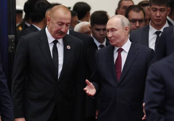 Kyrgyzstan SCO Summit 9232606 01.09.2026 Azerbaijani President Ilham Aliyev and Russian President Vladimir Putin arrive to attend a meeting in the Shanghai Cooperation Organization (SCO) Plus format in Bishkek, Kyrgyzstan. Vyacheslav Prokofiev Sputnik Bishkek Kyrgyzstan  Copyright: xVyacheslavxProkofievx