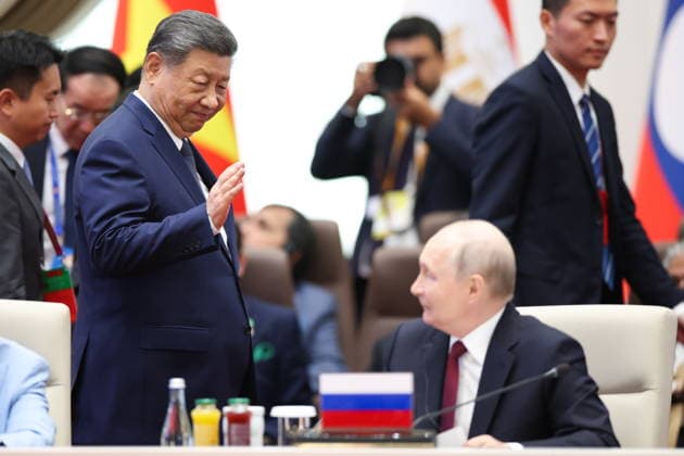 KYRGYZSTAN, BISHKEK - SEPTEMBER 1, 2026: Xi Jinping (L), President of China, and his counterpart Vladimir Putin of Russia, attend a SCO+ meeting during the 2026 SCO Summit at the Yrys Ordo Congress Hall. Peter Kovalev TASS  96932874