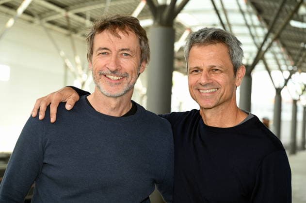 Actors Guido Broscheit and Jens Hajek, left to right, pose at the big fan gathering and awards ceremony for the RTL series *Unter Uns*