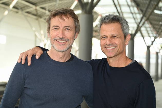 Actors Guido Broscheit and Jens Hajek, left to right, pose at the big fan gathering and awards ceremony for the RTL series *Unter Uns*