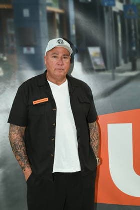 Actor Ramon Ademes, a well-known Cologne cult figure known as a bouncer and singer, poses at the big fan gathering and awards ceremony for the RTL series *Unter Uns*