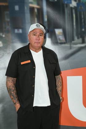 Actor Ramon Ademes, a well-known Cologne cult figure known as a bouncer and singer, poses at the big fan gathering and awards ceremony for the RTL series *Unter Uns*