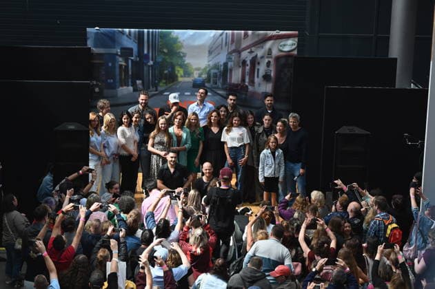 Actors from the cult series *Unter Uns* pose on stage in front of fans at the big fan meet-and-greet and awards ceremony for the RTL series *Unter Uns*