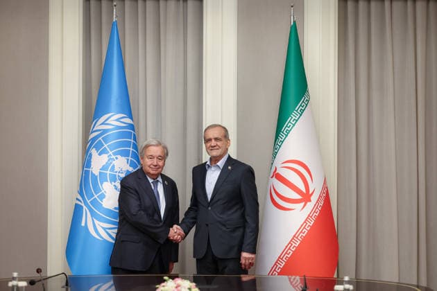 September 1, 2026, Bishkek, Kyrgyzstan: Iranian President Masoud Pezeshkian meets United Nations Secretary-General Antonio Guterres on the sidelines of the Shanghai Cooperation Organisation summit in Bishkek, Kyrgyzstan, on September 1, 2026. Guterres attended the SCO gathering as a guest and used meetings in Bishkek to call for an end to ongoing conflicts and greater reliance on diplomacy and multilateral cooperation, including in the Middle East. Bishkek Kyrgyzstan - ZUMAi98_ 20260901_zih_i98_114 Copyright: xIranianxPresidencyx