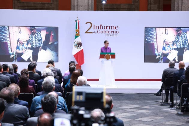 Mexican President Claudia Sheinbaum delivers second State of the Union address MEXICO CITY, MEXICO - SEPTEMBER 01: Mexican President Claudia Sheinbaum speaks during her second State of the Union address, at the National Palace, in Mexico City, Mexico on September 01, 2026. Sheinbaum, Mexico s first female president, presented key achievements from her administration before beginning a nationwide tour of the country s states. Daniel Cardenas Anadolu Mexico City Mexico. Editorial use only. Please get in touch for any other usage.  Copyright: x2026xAnadoluxDanielxCardenasx