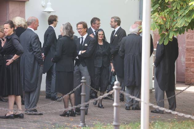 Gloria von Thurn und Taxis, née Countess von Schönburg Glauchau, and other mourners upon their arrival for the solemn requiem service for Anastasia, Princess of Löwenstein-Wertheim-Rosenberg, née Princess of Prussia, at the Church of the Holy Trinity in Kleinheubach, September 1, 2026. Copyright: xAgenturxMatthiasxWehnertx xM.xGränzdörferx