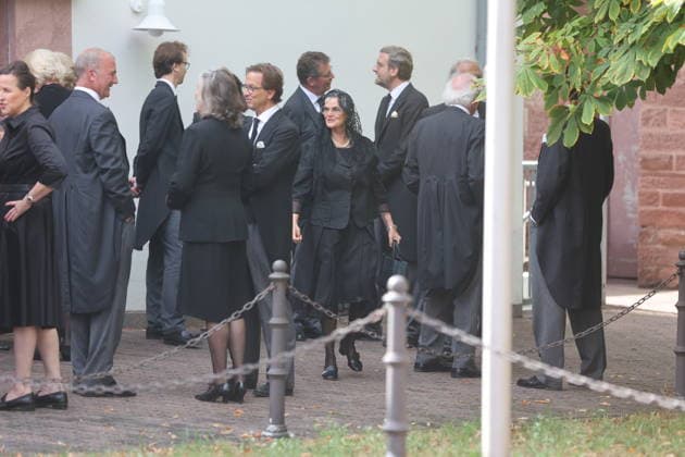 Gloria von Thurn und Taxis, née Countess von Schönburg Glauchau, and other mourners upon their arrival for the solemn requiem service for Anastasia, Princess of Löwenstein-Wertheim-Rosenberg, née Princess of Prussia, at the Church of the Holy Trinity in Kleinheubach, September 1, 2026. Copyright: xAgenturxMatthiasxWehnertx xM.xGränzdörferx