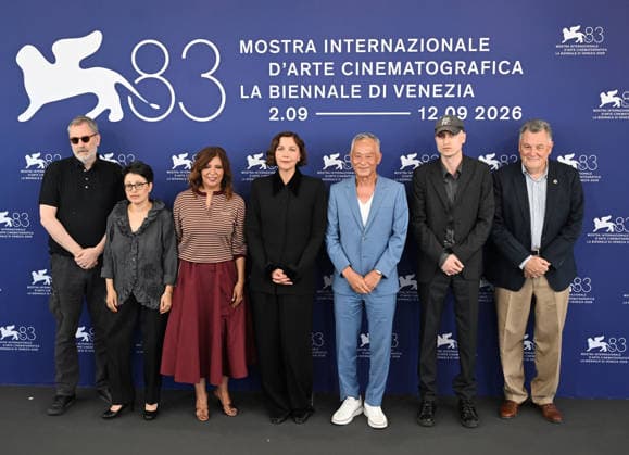 American actress Maggie Gyllenhall, Tunisian director Kauther Ben Hania, British composer Daniel Blumberg, Italian professor Francesco Casetti, French director Xavier Giannoli and Afghan director Shahrbanoo Sadat attend the International Jury photo call at the 83rd Venice Film Festival in Venice, Italy on Wednesday, September 2, 2026.  VEN20260902101 RUNExHELLESTAD