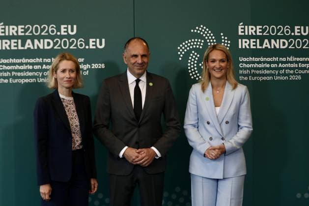 Informal Meeting of EU Foreign Affairs Ministers (Gymnich) in Ireland WICKLOW, IRELAND - SEPTEMBER 2: EU foreign policy chief Kaja Kallas (L), Irish Foreign Minister Helen McEntee (R) and Greek Foreign Minister Georgios Gerapetritis pose for a family photo during the informal meeting of EU foreign ministers, known as the Gymnich meeting, in Wicklow, Ireland, on September 2, 2026. Mostafa Darwish Anadolu Wicklow Ireland. Editorial use only. Please get in touch for any other usage.  Copyright: x2026xAnadoluxMostafaxDarwishx