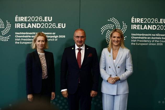 Informal Meeting of EU Foreign Affairs Ministers (Gymnich) in Ireland WICKLOW, IRELAND - SEPTEMBER 2: EU foreign policy chief Kaja Kallas (L), Irish Foreign Minister Helen McEntee (R) and Croatian Foreign and European Affairs Minister Gordan Grlic-Radman pose for a family photo during the informal meeting of EU foreign ministers, known as the Gymnich meeting, in Wicklow, Ireland, on September 2, 2026. Mostafa Darwish Anadolu Wicklow Ireland. Editorial use only. Please get in touch for any other usage.  Copyright: x2026xAnadoluxMostafaxDarwishx