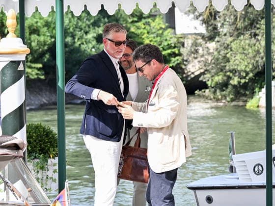 IPA88031471 - Venice, 83rd Venice International Film Festival 2026 - Day 1 - Arrivals at the Excelsior Hotel pier - Pictured: Minister of Culture Alessandro Giuli, Pietrangelo Buttafuoco, and the president of La Biennale di Venezia  Copyright: xSimonexComix xPoolxPhotoxEventsx08x 88031471