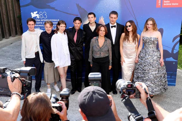 Idan Weiss, Hans Christian Hegewald, Lia von Blarer, Aaron Altaras, Sebastian Schneider, Alina Marazzi, Lucas Englander, Emilia Schüle, and Luna Wedler at the premiere of the feature film *Das Mädchen mit der Leica* (*La ragazza con la Leica*) (*The Girl with the Leica*) at the 2023 Venice Biennale, the 83rd Venice International Film Festival, in the Sala Darsen Foto:xD.xBedrosianx xFuturexImagex leica_prem_6925