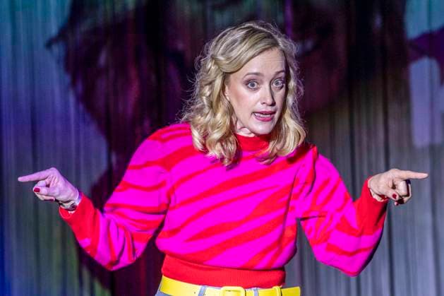 ABB SCHLOSSPARK Judith Richter, actress, performing on stage in makeup and costume during a scene rehearsal for the play *PUTSCH: A Guide to Destroying a Democracy* at the Schlosspark Theater on September 0, 2026, in Berlin, Germany