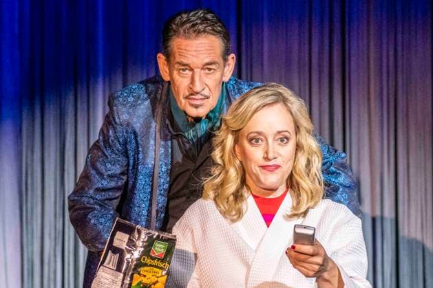 ABB SCHLOSSPARK Max Tidof and Judith Richter, actors performing on stage in makeup and costume during a scene rehearsal for the play *PUTSCH: A Guide to Destroying a Democracy* at the Schlosspark Theater on September 0, 2026, in Berlin, Germany