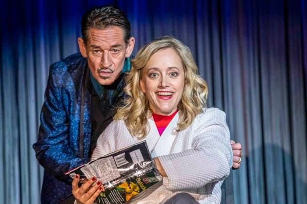 ABB SCHLOSSPARK Max Tidof and Judith Richter, actors performing on stage in makeup and costume during a scene rehearsal for the play *PUTSCH: A Guide to Destroying a Democracy* at the Schlosspark Theater on September 0, 2026, in Berlin, Germany