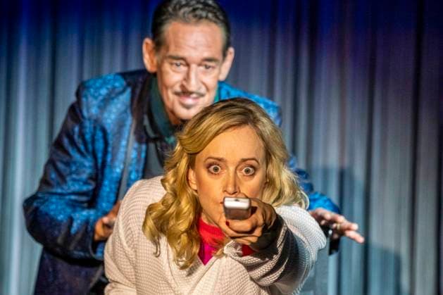 ABB SCHLOSSPARK Max Tidof and Judith Richter, actors performing on stage in makeup and costume during a scene rehearsal for the play *PUTSCH: A Guide to Destroying a Democracy* at the Schlosspark Theater on September 0, 2026, in Berlin, Germany