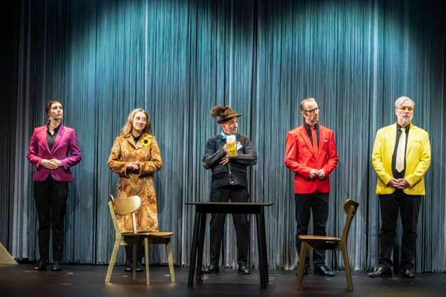 ABB SCHLOSSPARK Kim Zarah Langner, Marie Schröder, Max Tidof, Oliver Seidel, and Martin Molitor—actors on stage in makeup and costume during a scene rehearsal for the play *PUTSCH: A Guide to Destroying a Democracy* at the Schlosspark Theater on September 0, 2026, in Berlin, Germany
