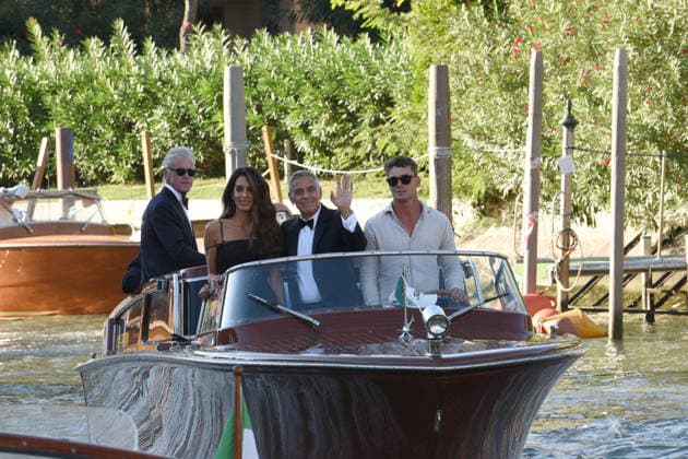 IPA88040572 - Venice: George Clooney arrives at the dock for the Golden Lion award ceremony and leaves with the prize; pictured: George Clooney and Amal Alamuddin  Copyright: xFRANCESCAxVIECELIx xFrancescaxViecelix 88040572