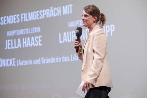 GENTLE MONSTER Premiere: On-Stage Presentation with Q&A Featuring Marie Kreutzer, Jella Haase, Laurence Rupp, and Host Katrin Rönicke. GENTLE MONSTER Premiere at the Delphi Filmpalast Cinema in Berlin Copyright: xEventpressx