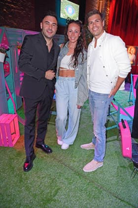 Lars Steinhöfel, Sandra Sicora, and Josh Stanley at the 2026 PROMI BIG BROTHER REVEAL EVENT at the Capitol Theater in Düsseldorf on September 2, 2026