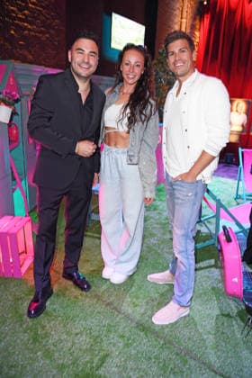 Lars Steinhöfel, Sandra Sicora, and Josh Stanley at the 2026 PROMI BIG BROTHER REVEAL EVENT at the Capitol Theater in Düsseldorf on September 2, 2026