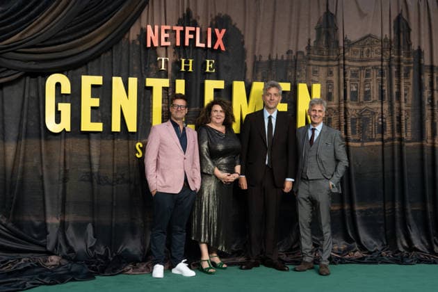 IPA88053320 - Will Gould, Frith Triplady, Matthew Read, and Simon Crawford Collins arrive at the premiere of The Gentlemen Season 2 in London  Copyright: xx xCristinaxMasseix 88053320
