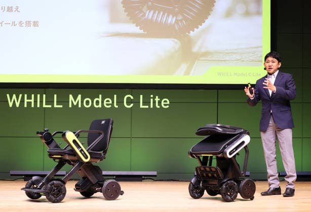 September 3, 2026, Tokyo, Japan - Japanese personal mobility company Whill unveils the new lighweight folding electric wheelchair Whill Model C Lite in Tokyo on Thursday, September 3, 2026. The new mobility weighing 18.6kg body with carbon fiver reinforced plastics parts has omni-directional wheels for front wheels and high performance battery to drive 38.5km of distance. (photo by Yoshio Tsunoda AFLO)  aflo_344739875