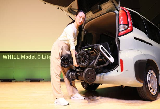 September 3, 2026, Tokyo, Japan - Japanese personal mobility company Whill unveils the new lighweight folding electric wheelchair Whill Model C Lite in Tokyo on Thursday, September 3, 2026. The new mobility weighing 18.6kg body with carbon fiver reinforced plastics parts has omni-directional wheels for front wheels and high performance battery to drive 38.5km of distance. (photo by Yoshio Tsunoda AFLO)  aflo_344739883