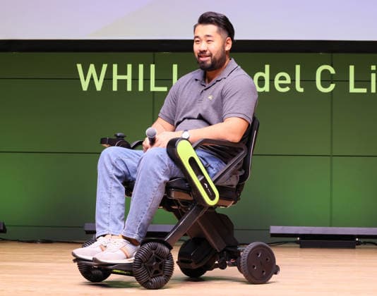 September 3, 2026, Tokyo, Japan - An user of Japanese personal mobility company Whill s electric wheelchair, Motoki Sugano of wheelchair rugby and tennis player displays the new lighweight folding electric wheelchair Whill Model C Lite in Tokyo on Thursday, September 3, 2026. The new mobility weighing 18.6kg body with carbon fiver reinforced plastics parts has omni-directional wheels for front wheels and high performance battery to drive 38.5km of distance. (photo by Yoshio Tsunoda AFLO)  aflo_344739892