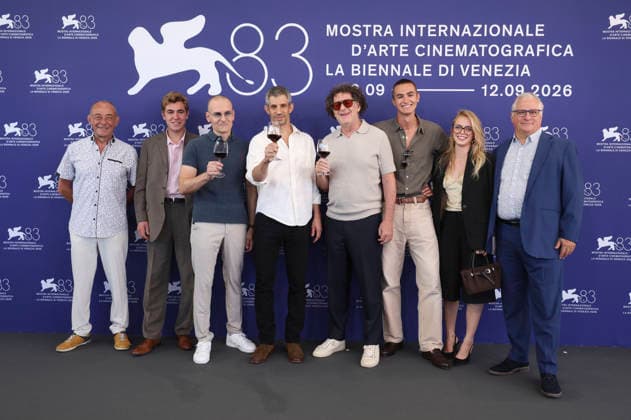 Enzo Ferraroli, Gregory Kershaw, Michael Dweck, Celeste Kalis, and the cast at the photo call for the film *Burgundy* at the 2026 Venice Biennale—the 83rd Venice International Film Festival—at the Palazzo del Casino in Venice, September 3, 2026 Foto:xD.xBedrosianx xFuturexImagex burgundy_6901