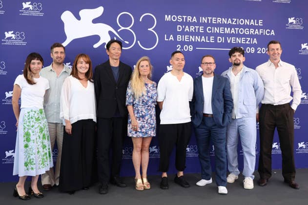 Rutger Hoedemaekers, Yusuke Kamata, Sigrid Dyekjaer, Erik Shirai, Teddy Leifer, Sam Stanley, Frederick Shanahan and the team at the photo call for the documentary *Sumo Spirit Weighs Nothing* at the 2026 Venice Biennale, the 83rd Venice International Film Festival, at the Palazzo del Casino in Venice, September 3, 2026 Foto:xD.xBedrosianx xFuturexImagex sumo_6901