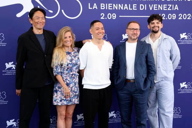 Yusuke Kamata, Sigrid Dyekjaer, Erik Shirai, Teddy Leifer, and Sam Stanley at the photo call for the documentary *Sumo Spirit Weighs Nothing* at the 2026 Venice Biennale—the 83rd Venice International Film Festival—at the Palazzo del Casino in Venice, September 3, 2026 Foto:xD.xBedrosianx xFuturexImagex sumo_6903