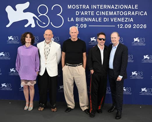 British- Irish director Martin McDonagh, American actors Steve Buscemi, John Malkovich, Sam Rockwell, actress Parker Posey, Argentinian actress Ailin Salas and Chilean actress Mariana Di Girolamo attend a photo call for Wild Horse Nine at the 83rd Venice Film Festival in Venice, Italy on Thursday, September 3, 2026.  VEN20260903102 RUNExHELLESTAD