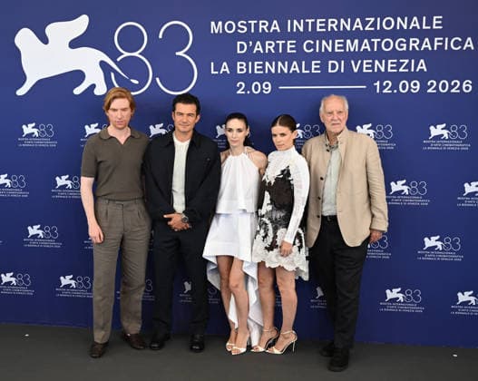 German director Werner Herzog, American actresses Kate Mara, Rooney Mara, Irish actor Domhnall Gleason and British actor Orlando Bloom attend a photo call for Bucking Fastard at the 83rd Venice Film Festival in Venice, Italy on Thursday, September 3, 2026.  VEN20260903128 RUNExHELLESTAD