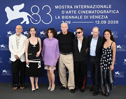 British- Irish director Martin McDonagh, American actors Steve Buscemi, John Malkovich, Sam Rockwell, actress Parker Posey, Argentinian actress Ailin Salas and Chilean actress Mariana Di Girolamo attend a photo call for Wild Horse Nine at the 83rd Venice Film Festival in Venice, Italy on Thursday, September 3, 2026.  VEN20260903101 RUNExHELLESTAD
