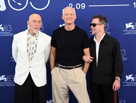British- Irish director Martin McDonagh, American actors John Malkovich and Sam Rockwell attend a photo call for Wild Horse Nine at the 83rd Venice Film Festival in Venice, Italy on Thursday, September 3, 2026.  VEN20260903103 RUNExHELLESTAD