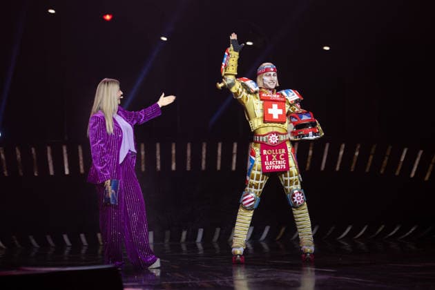 Singer Beatrice EGLI and singer Tom ROWLAND in the costumes of the Glacier Express’s new TICK TACK train, The musical Starlight Express in Bochum features the Swiss Glacier Express TICK TACK as a new train in the show; Starlight Express Theater in Bochum, June 12, 2018