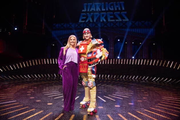 Singer Beatrice EGLI and singer Tom ROWLAND in the costumes of the Glacier Express’s new TICK TACK train, The musical Starlight Express in Bochum features the Swiss Glacier Express TICK TACK as a new train in the show; Starlight Express Theater in Bochum, June 12, 2018
