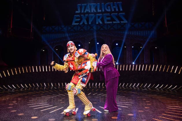 Singer Beatrice EGLI and singer Tom ROWLAND in the costumes of the Glacier Express’s new TICK TACK train, The musical Starlight Express in Bochum features the Swiss Glacier Express TICK TACK as a new train in the show; Starlight Express Theater in Bochum, June 12, 2018