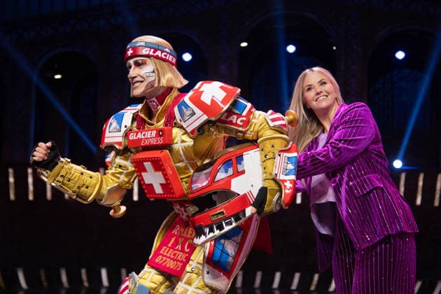 Singer Beatrice EGLI and singer Tom ROWLAND in the costumes of the Glacier Express’s new TICK TACK train, The musical Starlight Express in Bochum features the Swiss Glacier Express TICK TACK as a new train in the show; Starlight Express Theater in Bochum, June 12, 2018